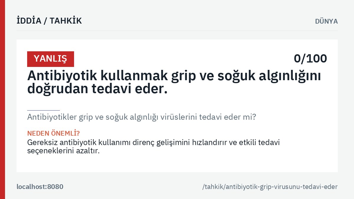 «Antibiyotikler grip ve soğuk algınlığı virüslerini tedavi eder mi?» tahkikinin ana görseli: genel hüküm etiketi, tahkik edilen iddia metni ve kalıcı bağlantı.