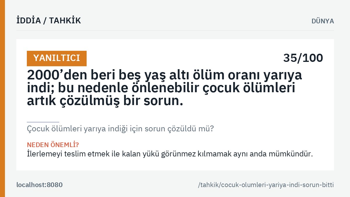 «Çocuk ölümleri yarıya indiği için sorun çözüldü mü?» tahkikinin ana görseli: genel hüküm etiketi, tahkik edilen iddia metni ve kalıcı bağlantı.