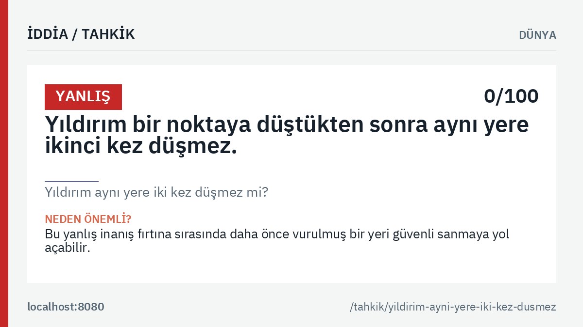 «Yıldırım aynı yere iki kez düşmez mi?» tahkikinin ana görseli: genel hüküm etiketi, tahkik edilen iddia metni ve kalıcı bağlantı.