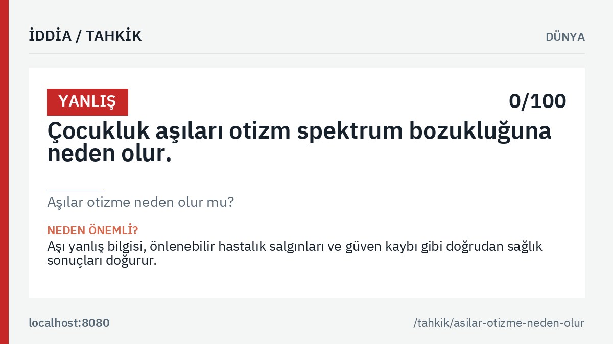 «Aşılar otizme neden olur mu?» tahkikinin ana görseli: genel hüküm etiketi, tahkik edilen iddia metni ve kalıcı bağlantı.