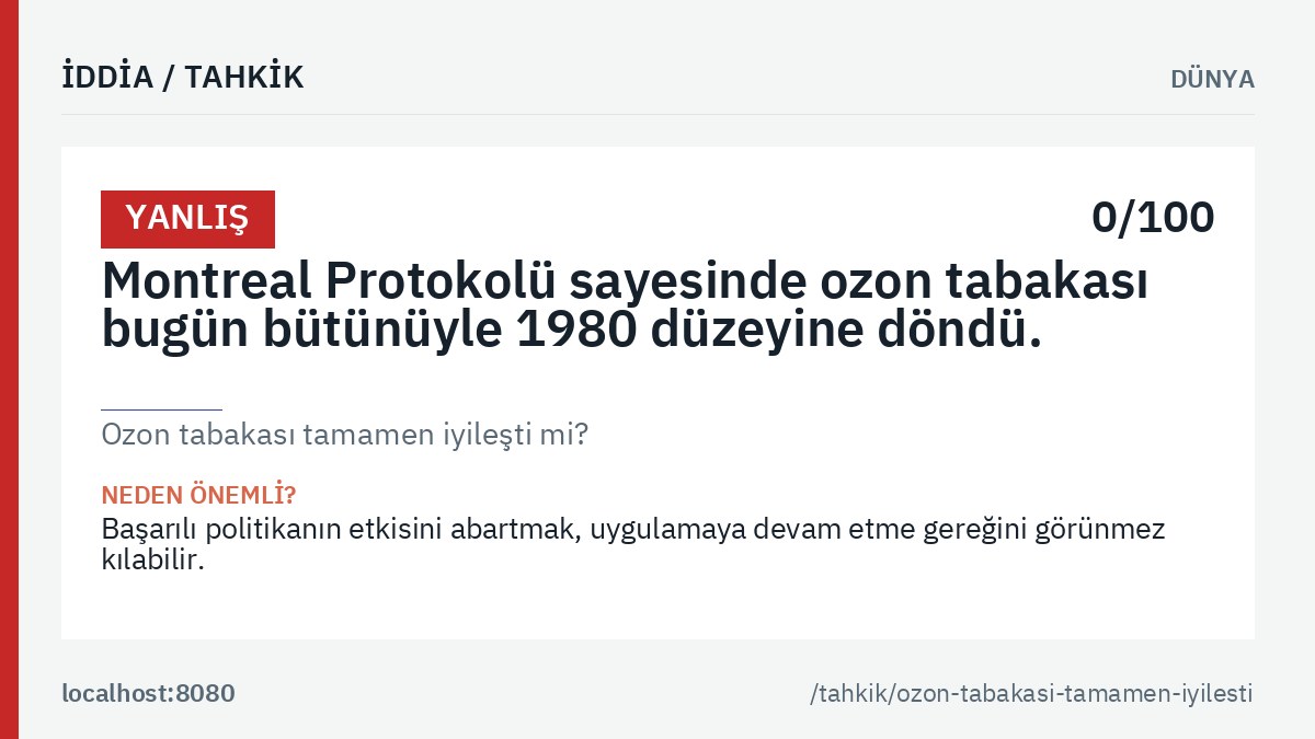 «Ozon tabakası tamamen iyileşti mi?» tahkikinin ana görseli: genel hüküm etiketi, tahkik edilen iddia metni ve kalıcı bağlantı.