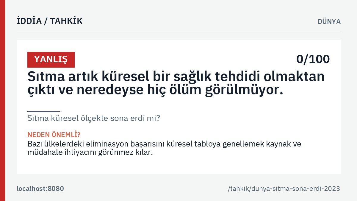 «Sıtma küresel ölçekte sona erdi mi?» tahkikinin ana görseli: genel hüküm etiketi, tahkik edilen iddia metni ve kalıcı bağlantı.