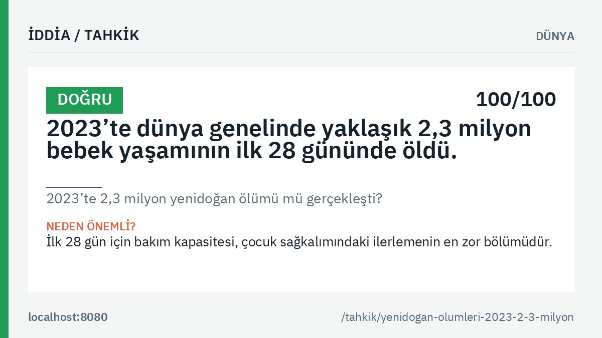 «2023’te 2,3 milyon yenidoğan ölümü mü gerçekleşti?» tahkikinin ana görseli: genel hüküm etiketi, tahkik edilen iddia metni ve kalıcı bağlantı.