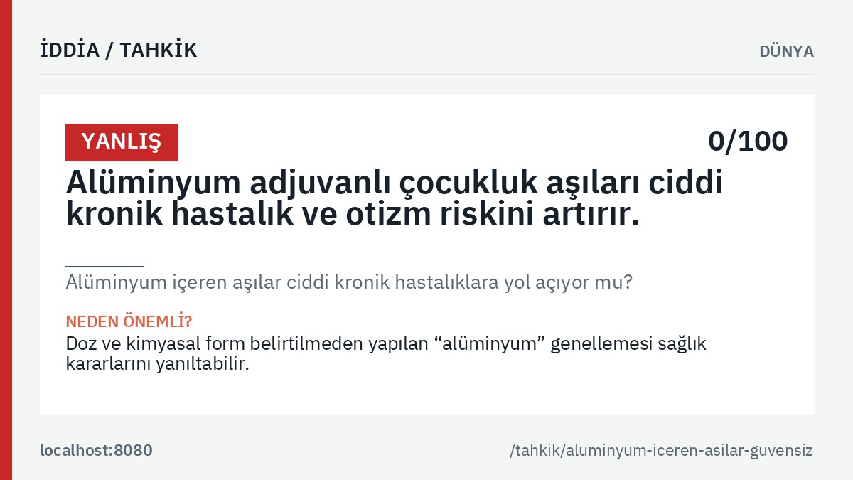 «Alüminyum içeren aşılar ciddi kronik hastalıklara yol açıyor mu?» tahkikinin ana görseli: genel hüküm etiketi, tahkik edilen iddia metni ve kalıcı bağlantı.